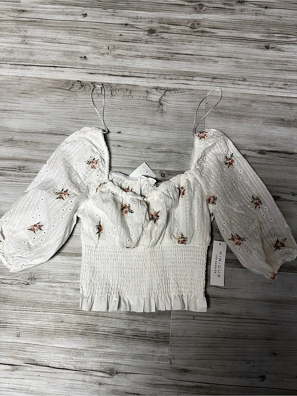 Floral Smocked Blouse in White Size Small NWT